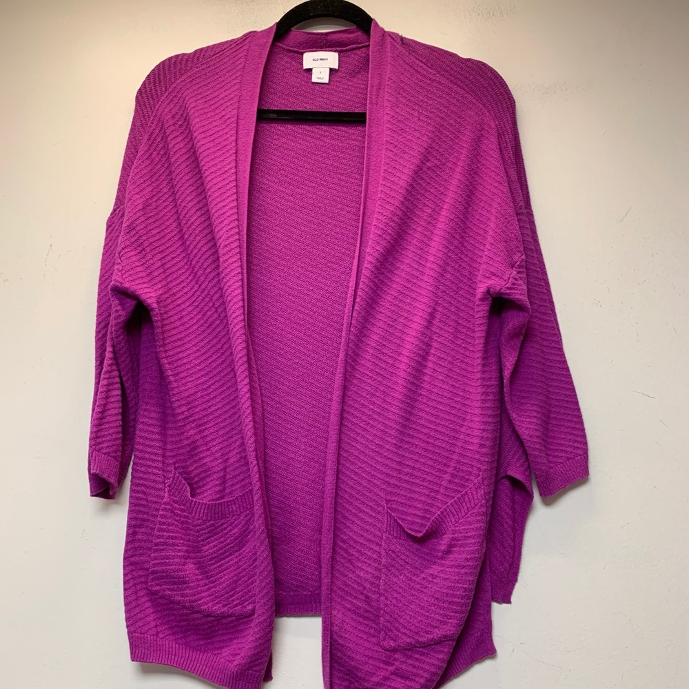 Old Navy Cardigan Women Large Magenta Excellent Open Front Ribbed Pockets